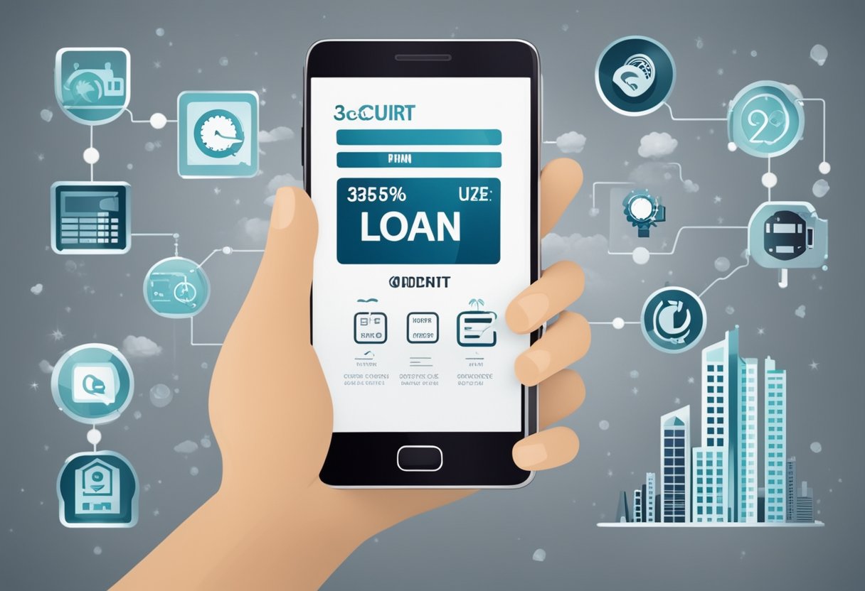 Ame Digital: uma mão segurando um smartphone com uma notificação de aprovação de empréstimo, cercada por ícones financeiros e um símbolo de pontuação de crédito negativa