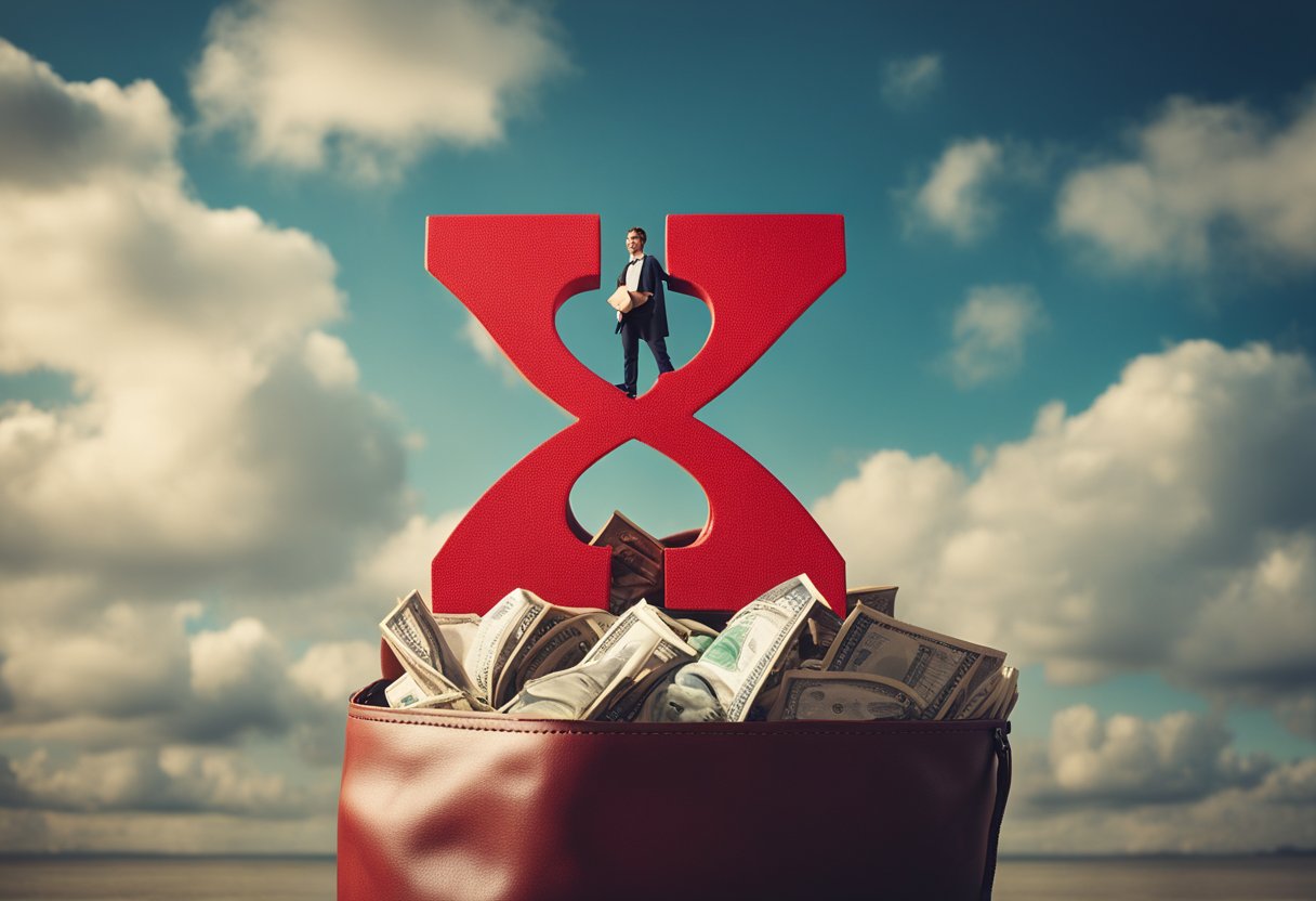 Uma pessoa com uma expressão de descontentamento em pé ao lado de um grande símbolo vermelho de "X", enquanto uma mão se estende com um pequeno saco de dinheiro.