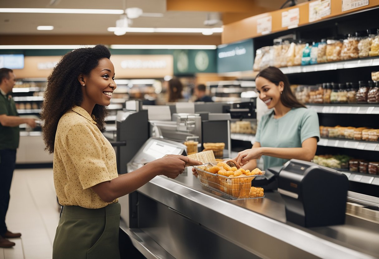 Um funcionário da loja Americanas aceita um vale-alimentação de um cliente no caixa.