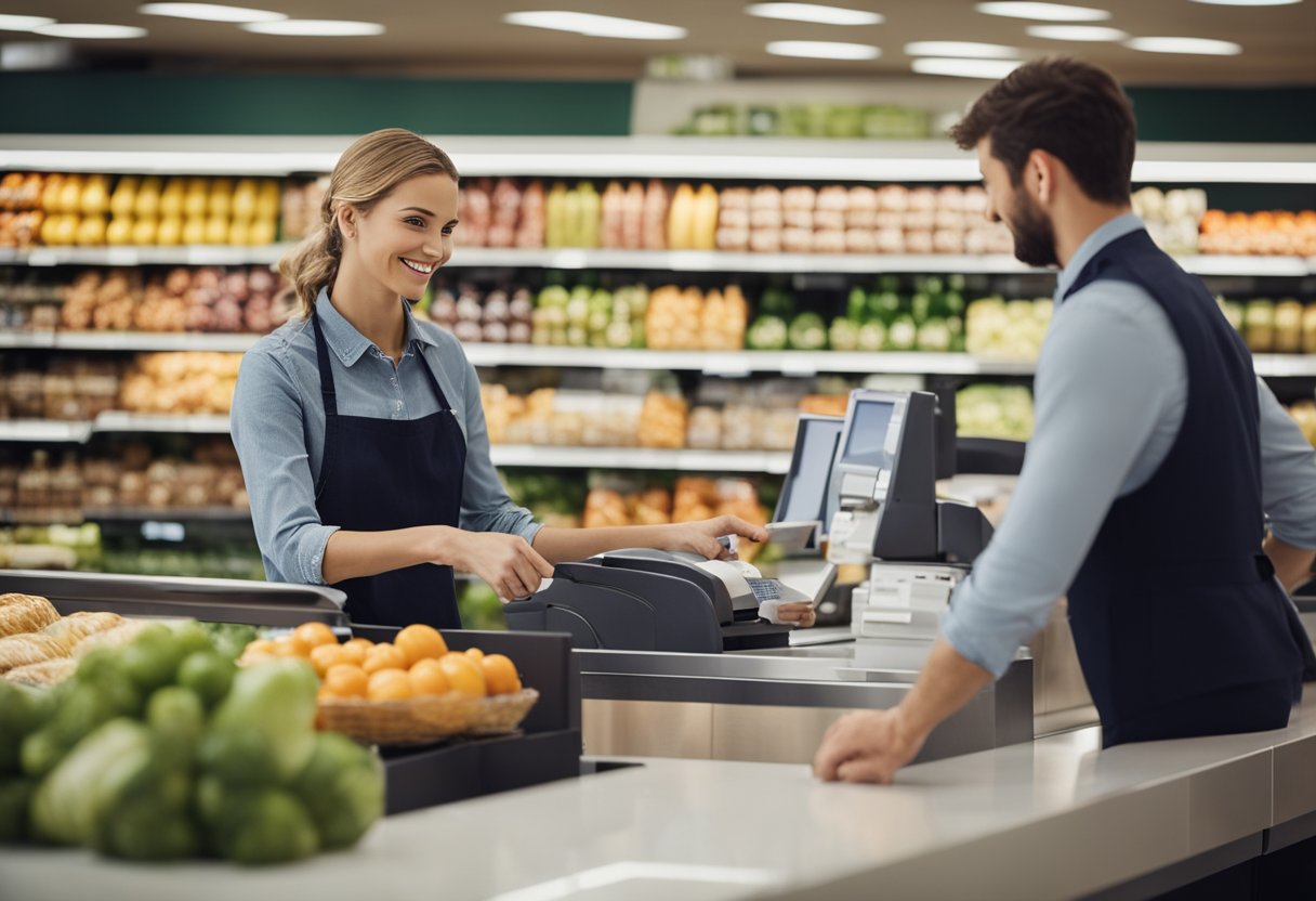 Um caixa de supermercado aceitando um vale-alimentação de um cliente no balcão de checkout
