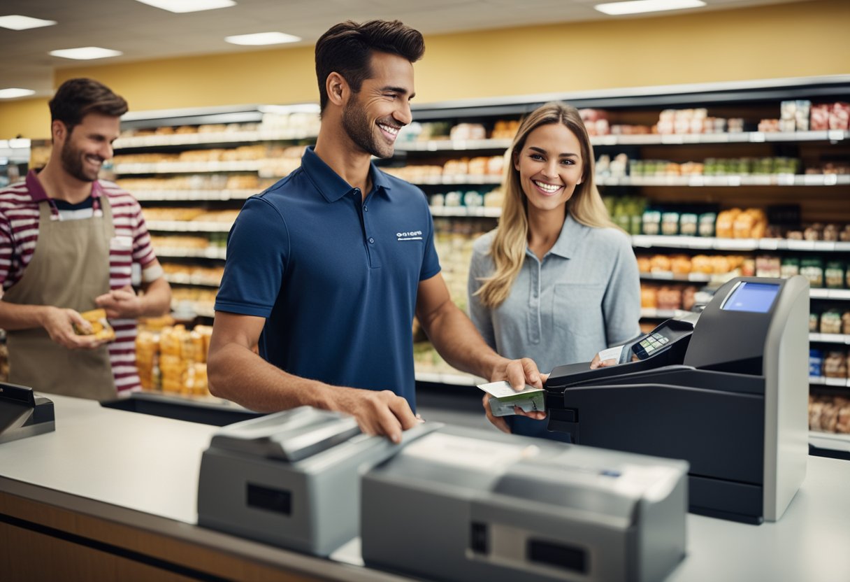 Um funcionário da loja Americanas aceitando um cartão Vale Alimentação de um cliente no balcão de checkout