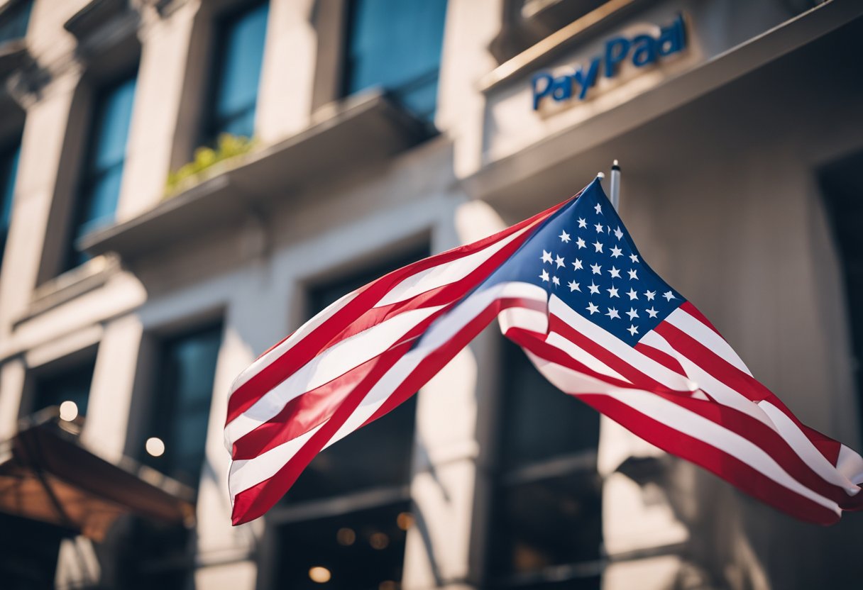 Uma bandeira americana tremulando do lado de fora de uma loja com o logotipo do PayPal exibido