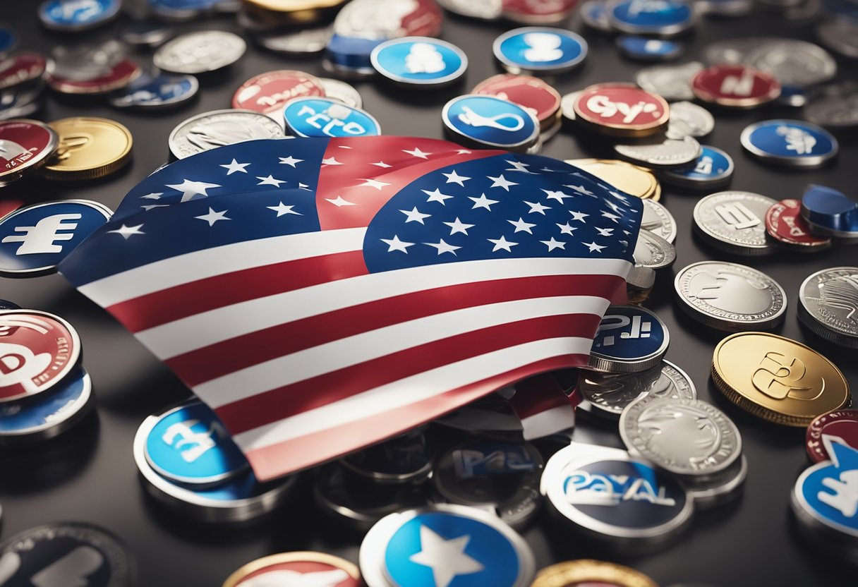 Uma bandeira americana tremulando ao vento, cercada por vários ícones de pagamento, incluindo o logo do PayPal
