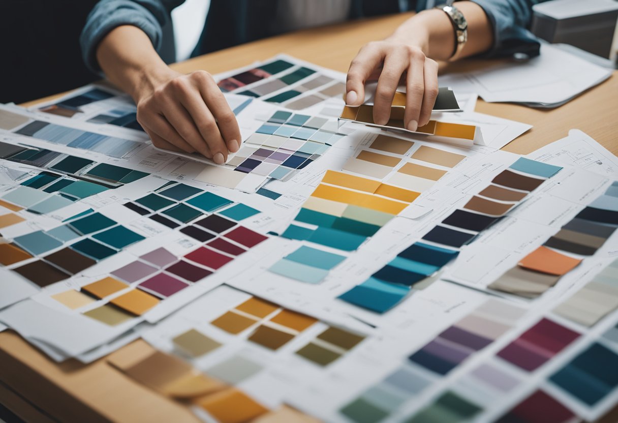 Um analista de roupas da Shein examinando amostras de tecido e esboços de moda.