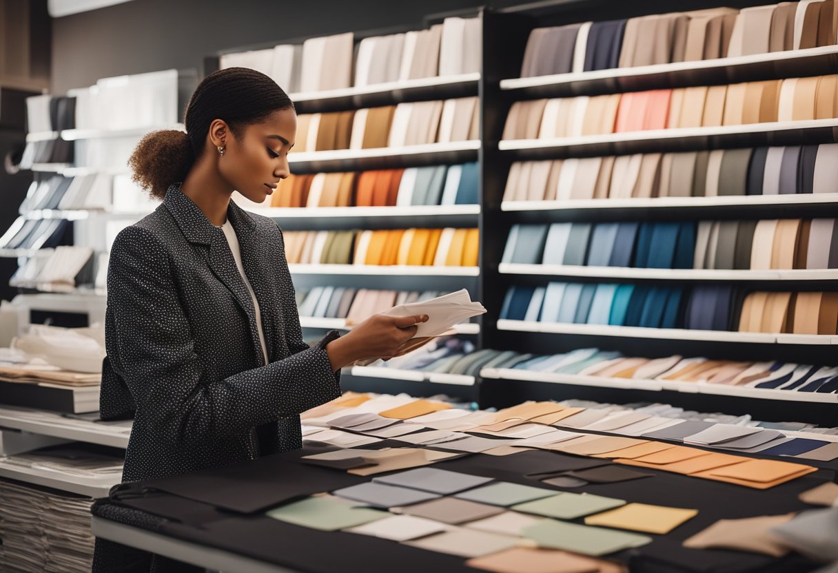 Uma analista de moda da Shein examina cuidadosamente amostras de tecido e relatórios de tendências, cercada por amostras de roupas coloridas e esboços de design.