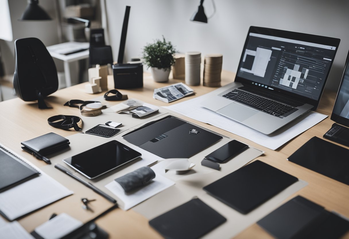 Uma mesa com um computador, fita métrica e amostras de roupas. Revistas de moda e esboços de design espalhados ao redor.