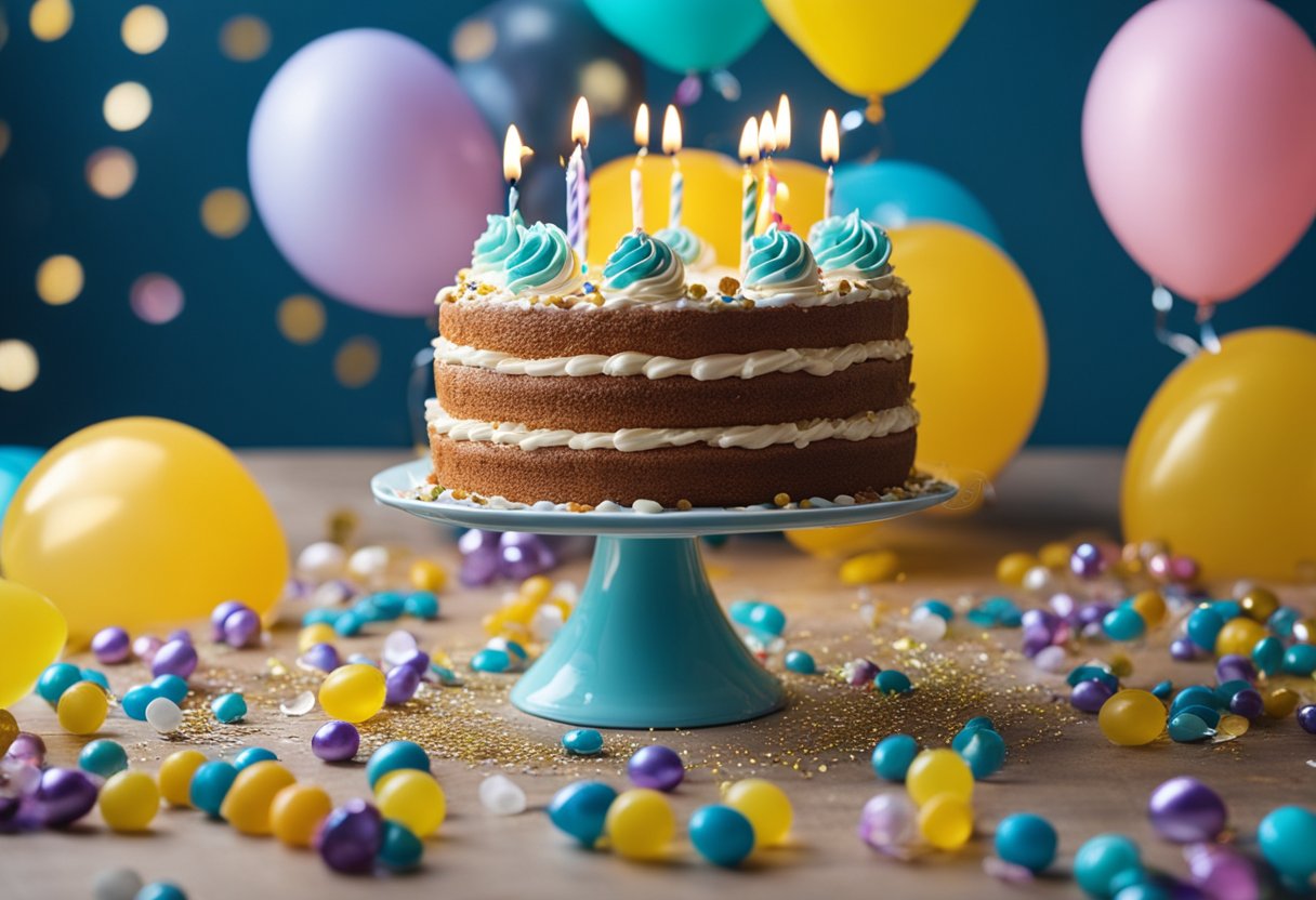Um bolo de aniversário com decorações de agosto, cercado por balões e confetes