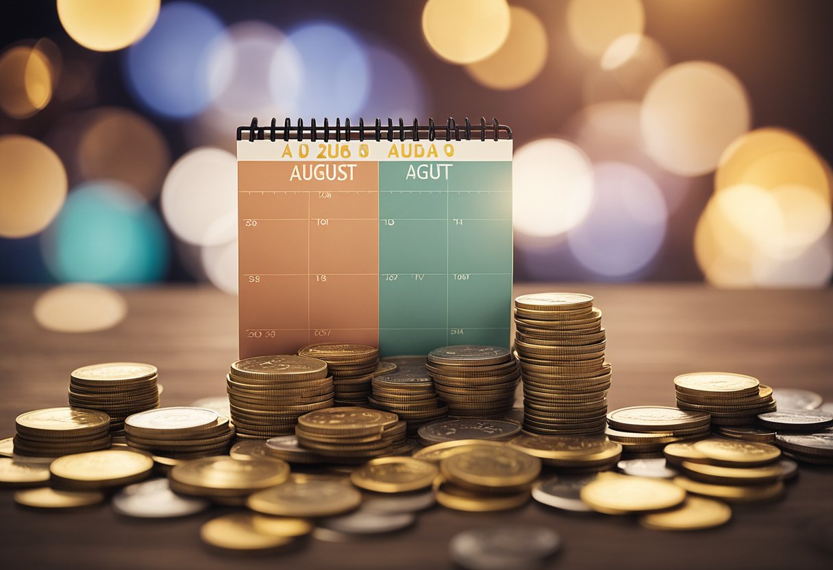 Um calendário com o mês de agosto destacado, cercado por uma pilha de moedas representando o lançamento do saque-aniversário do FGTS.