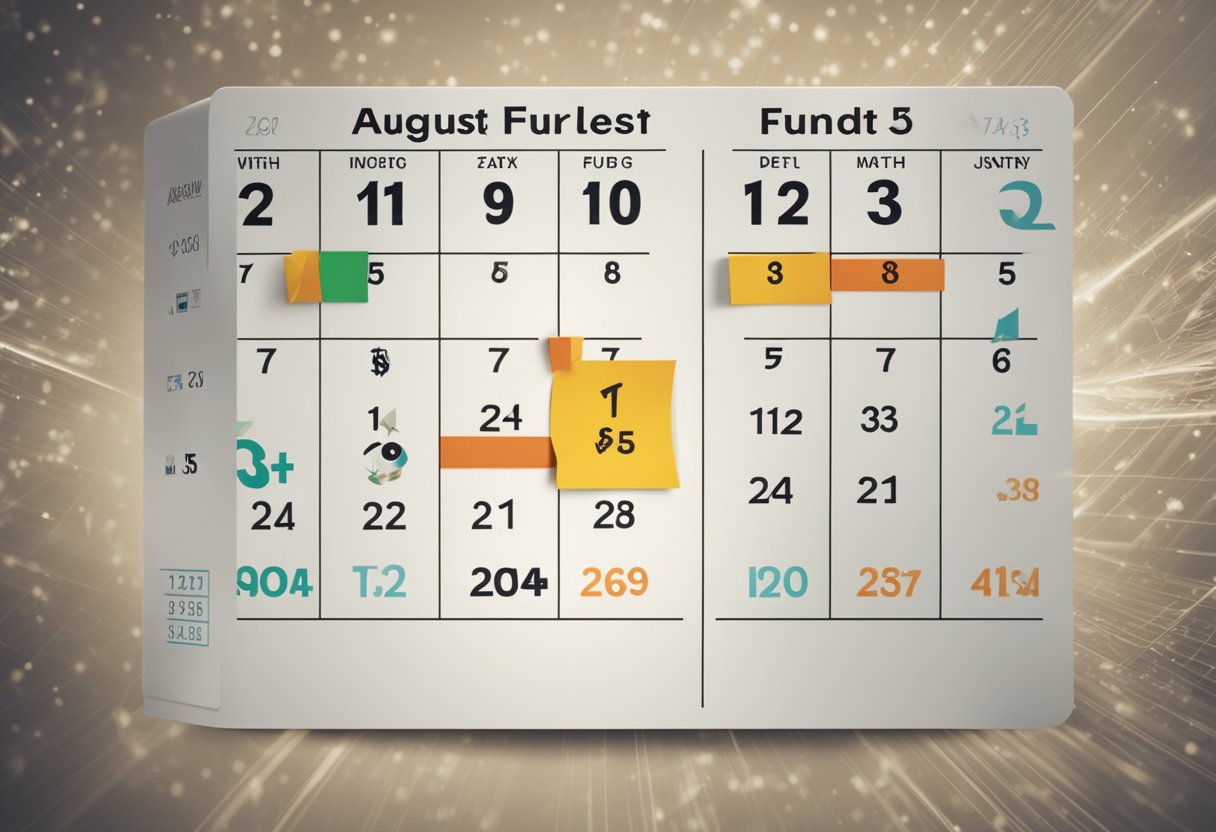 Um calendário com o mês de agosto destacado, cercado por símbolos que representam elegibilidade e condições, com um símbolo indicando a liberação de recursos do FGTS.