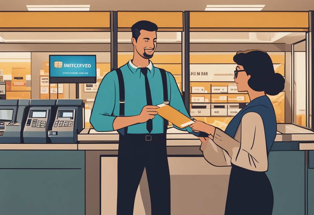 Uma pessoa recebendo um cartão de crédito temporário de um caixa de banco