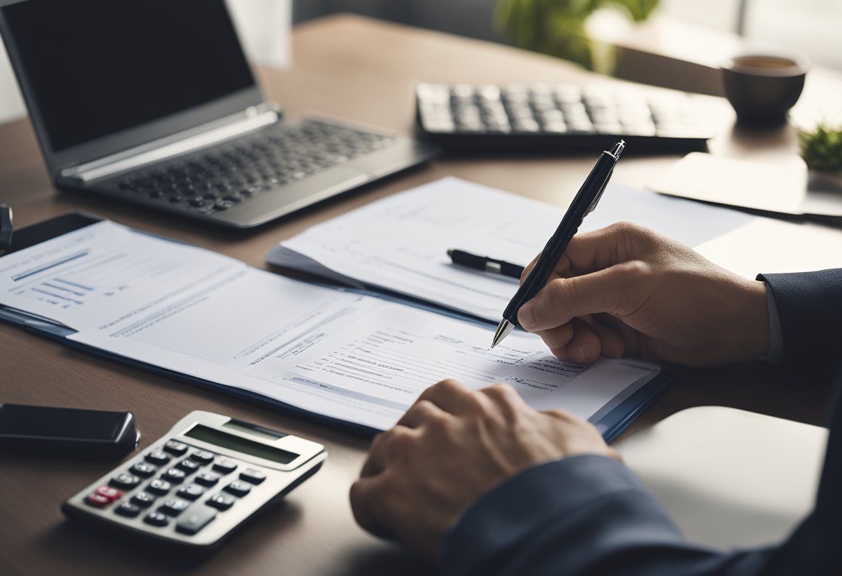 Uma mão segurando uma caneta, preenchendo um formulário de nota de crédito temporária em uma mesa com um computador e uma calculadora por perto