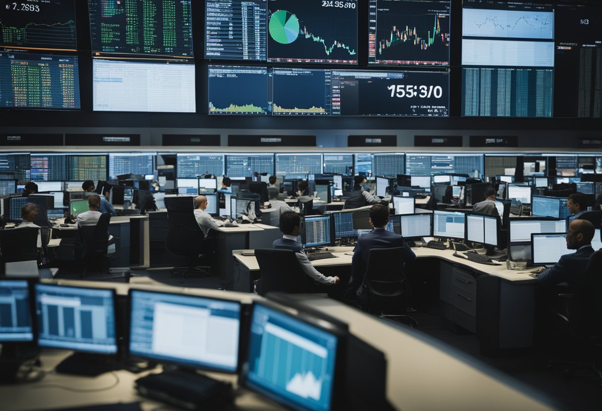 Um mercado financeiro movimentado, com traders em suas mesas, gráficos e tabelas exibidos nas telas, e uma sensação de urgência no ar.