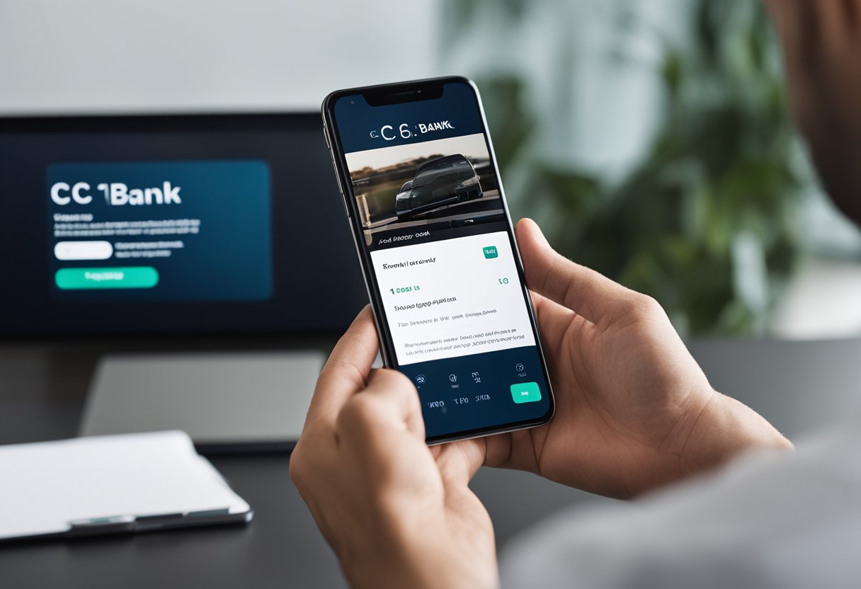 Uma pessoa usando um smartphone para acessar o aplicativo do C6 Bank, com foco na tela exibindo instruções sobre como solicitar um adiantamento do seu FGTS.
