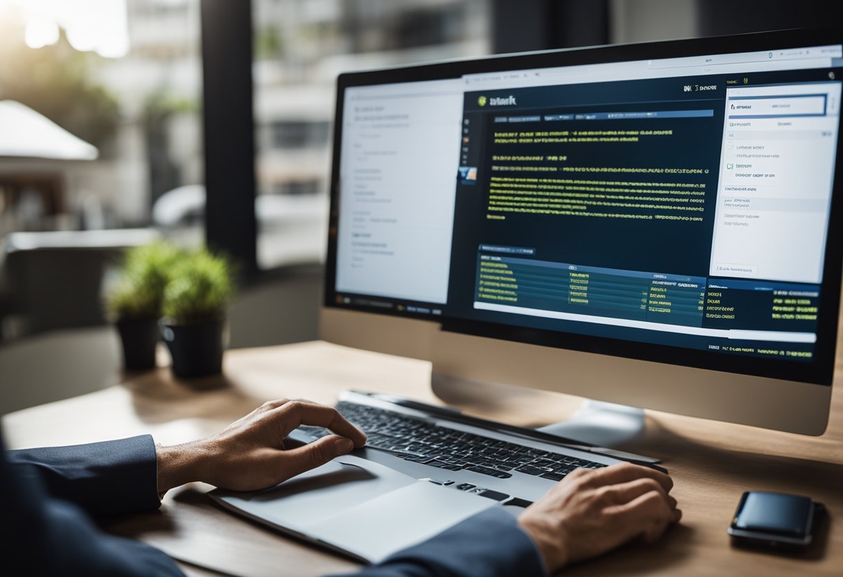 Uma pessoa usando um computador para acessar o site do C6 Bank, com foco nas opções FGTS e Antecipação do FGTS