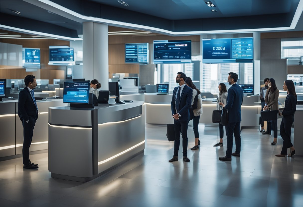 A cena retrata o interior de um banco futurista com telas digitais exibindo "Antecipação do Imposto de Renda no Banco Inter em 2025 agora disponível." Clientes são vistos usando dispositivos de alta tecnologia para realizar transações.