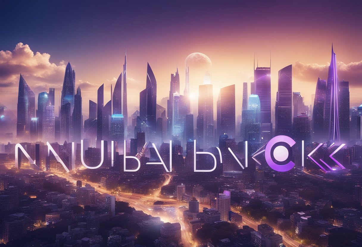 Um horizonte de cidade futurista com o logo do Nubank exibido de forma proeminente, cercado por símbolos de moeda digital e tecnologia futurista.