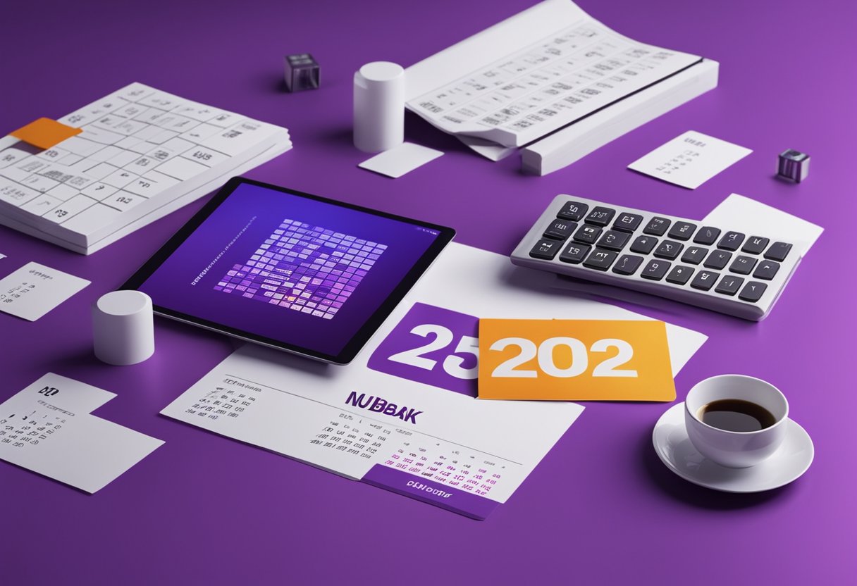 Um logo futurista do Nubank cercado por formulários fiscais digitais e um calendário exibindo o ano de 2025
