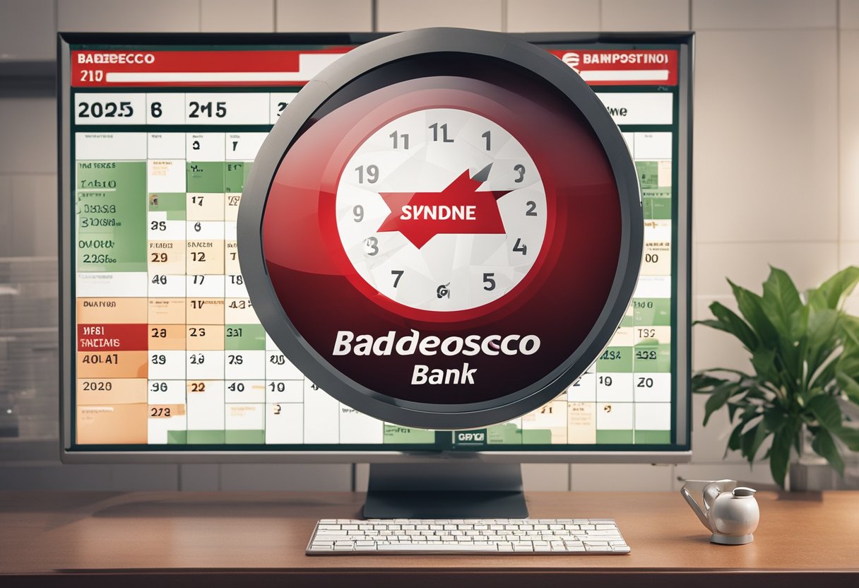 Um logotipo do banco Bradesco exibido em uma tela de computador com um calendário mostrando o ano de 2025. Uma seta aponta para as palavras "Antecipação do Imposto de Renda" indicando a disponibilidade do serviço.