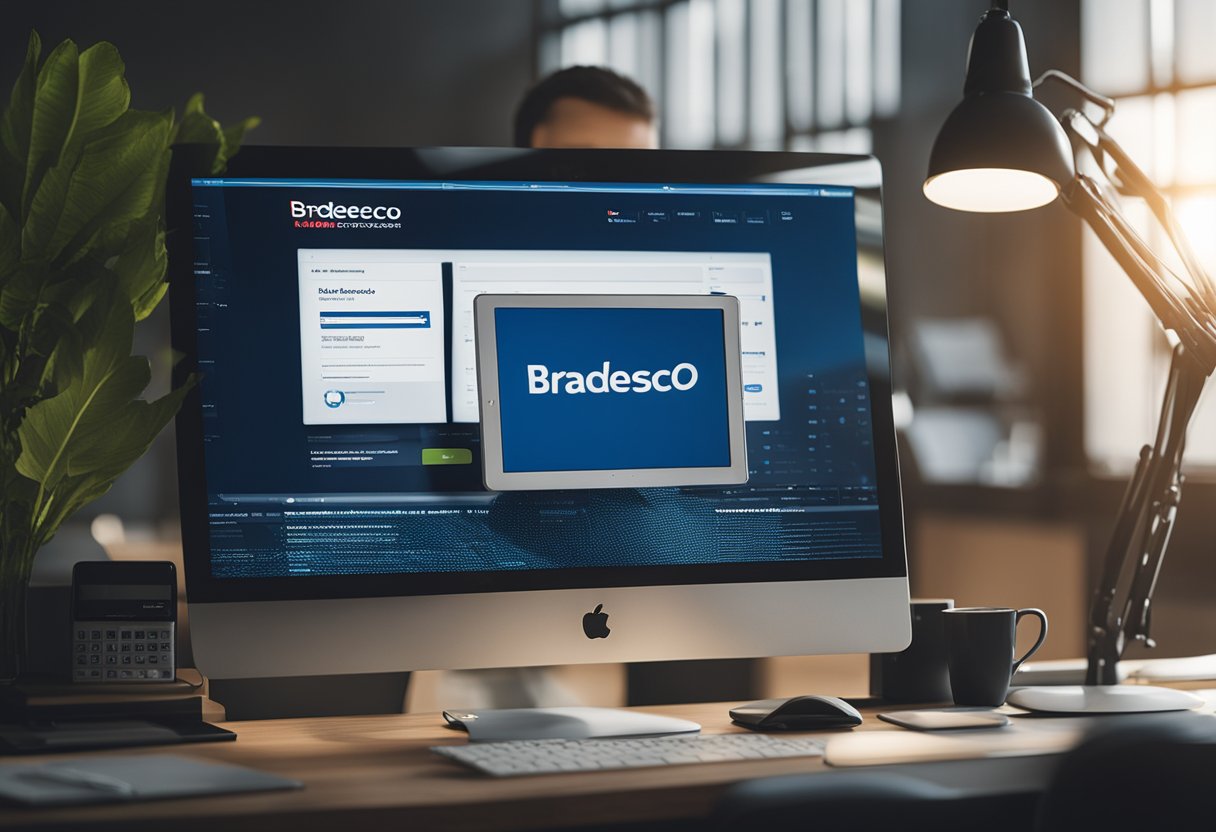 Uma pessoa sentada em uma mesa, com uma tela de computador exibindo o logo do Bradesco e as palavras "Antecipação de Imposto de Renda 2025 já está disponível."
