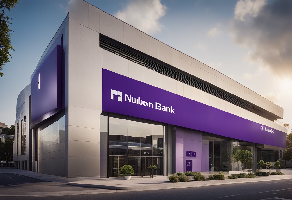 Um edifício do banco Nubank com uma placa promovendo serviços de antecipação do FGTS