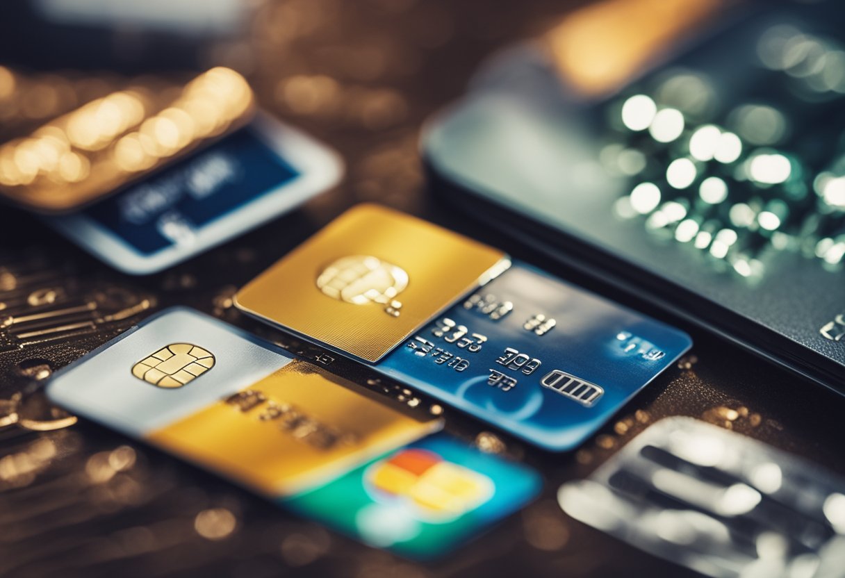 Um cartão de crédito com o logo da Americanas cercado por vários itens de compras, com uma etiqueta de preço exibindo a taxa anual.