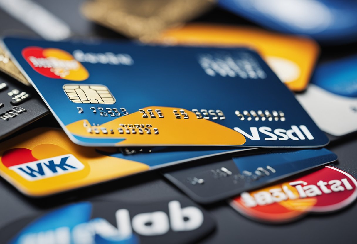 Um cartão de crédito com o logo da Americanas cercado por sacolas de compras e dispositivos eletrônicos