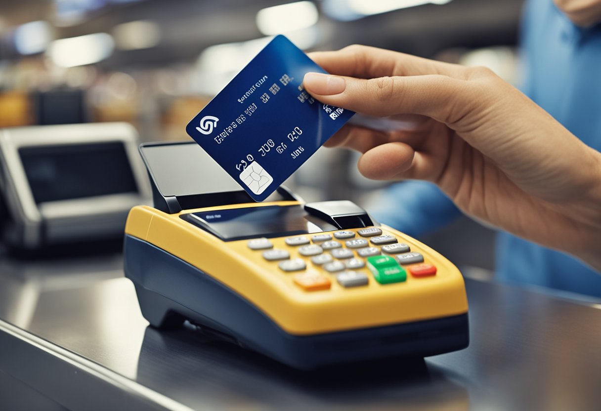 Uma pessoa passando um cartão de crédito Carrefour no caixa de uma loja