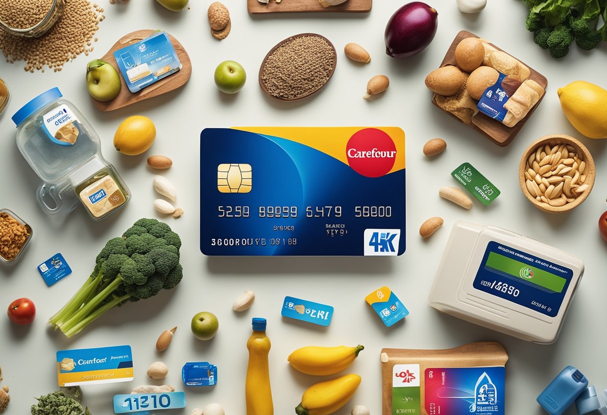 Uma cena vibrante de um cartão de crédito Carrefour cercado por uma variedade de itens essenciais, mantimentos e produtos para o lar, enfatizando os benefícios e a conveniência de usar o cartão para compras do dia a dia.