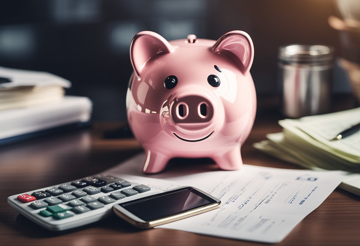 Um cofre com um distinto logo BB está em uma mesa, cercado por documentos financeiros e uma calculadora.