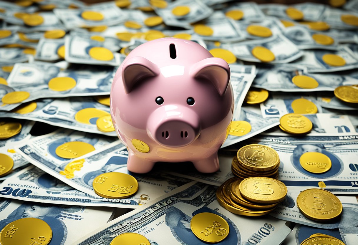 Um cofre com o logo do Banco do Brasil está em uma mesa, cercado por moedas e notas.