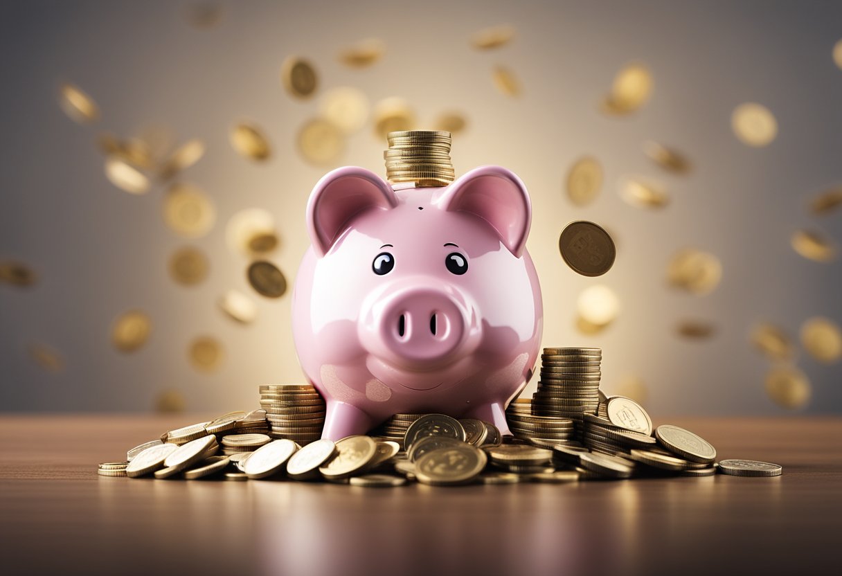 Um cofre transbordando de moedas, cercado por um escudo e um logo do BB, simbolizando os benefícios da Taxa Anual Diferenciada do BB