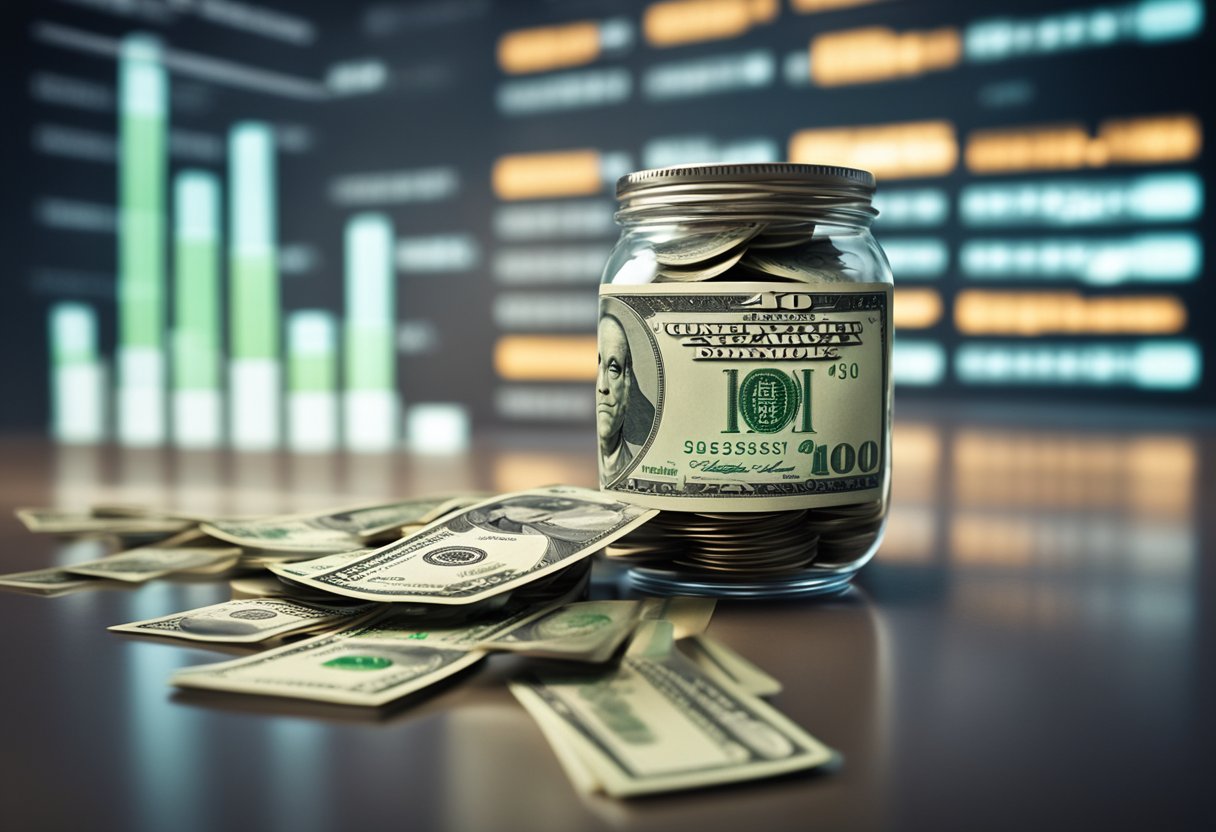 Uma conta bancária com dinheiro aparecendo, cercada por uma interface digital e um sentimento de surpresa ou confusão