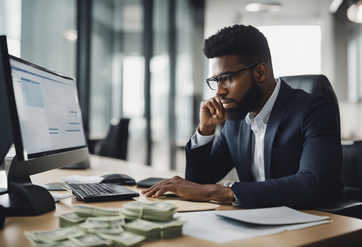 Uma conta bancária com dinheiro aparecendo na tela de um computador, cercada por documentos legais e uma pessoa ponderando sobre o que fazer