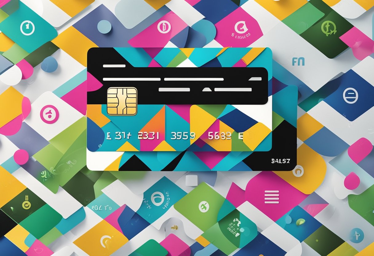 Um cartão de crédito colorido com um padrão e design únicos, cercado por vários símbolos e ícones de pagamento.