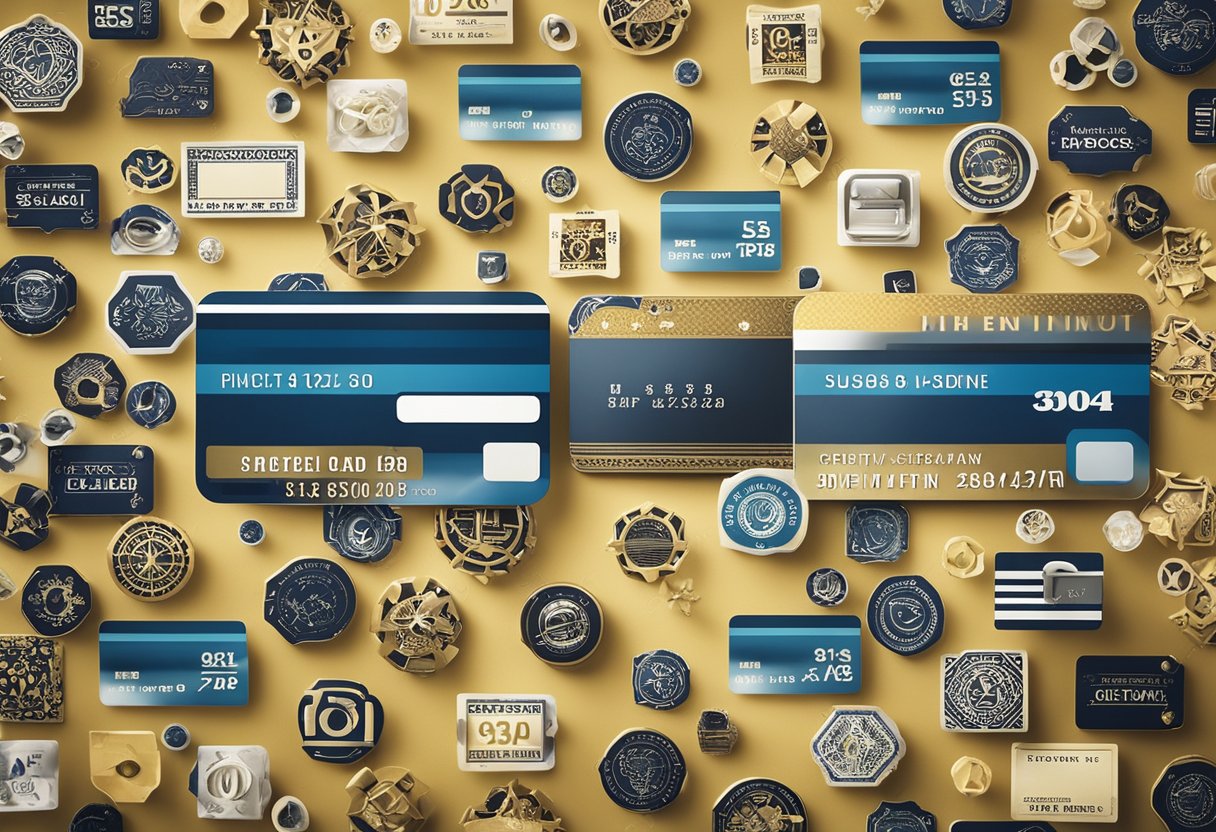 Um cartão de crédito com um espaço em branco para um apelido, cercado por vários símbolos e padrões
