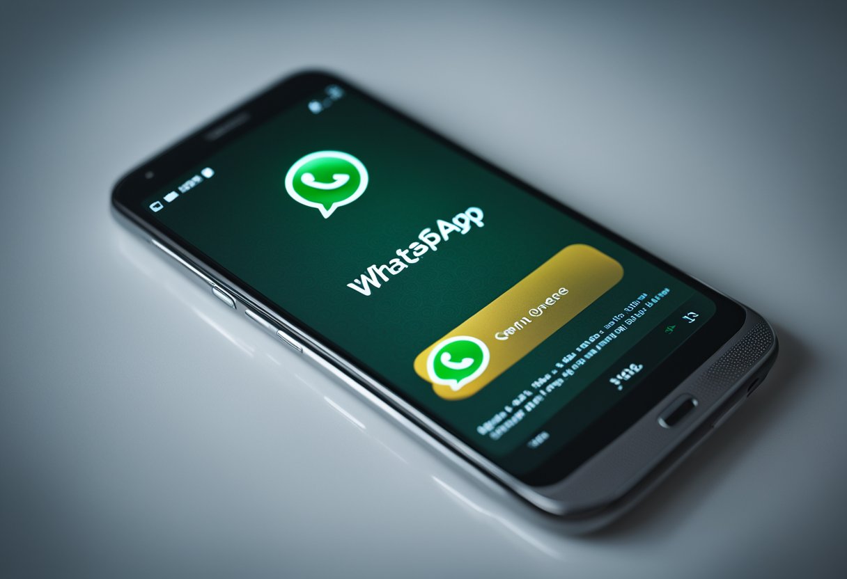 Um smartphone com um chat do WhatsApp aberto, mostrando mensagens suspeitas e uma postura secreta.