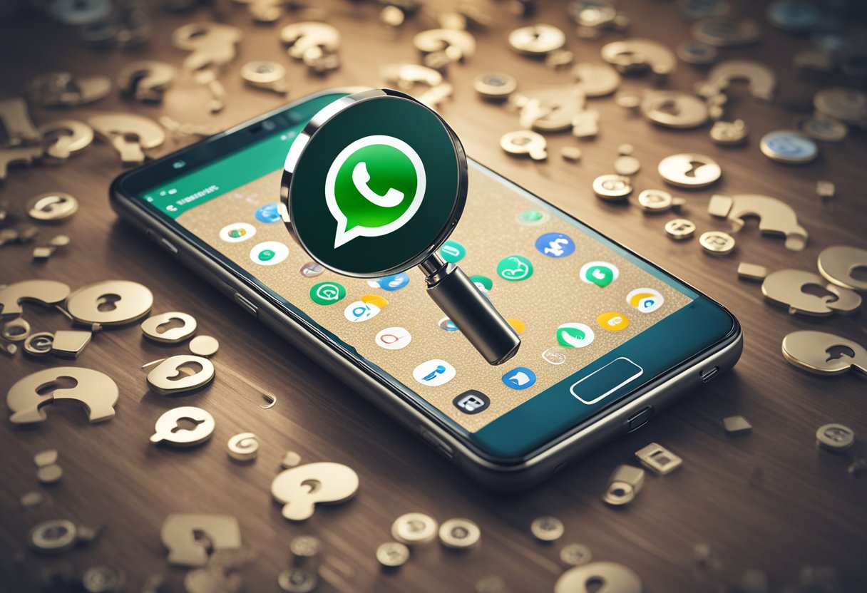 Um smartphone com uma lupa pairando sobre o ícone do WhatsApp, cercado por pontos de interrogação e de exclamação.