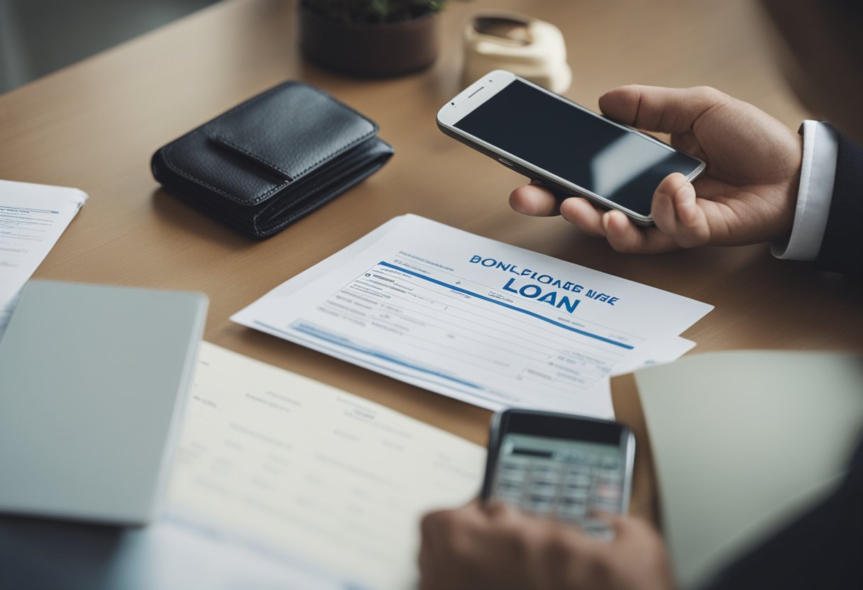 Uma pessoa usando um smartphone para solicitar um empréstimo, com contas e uma carteira por perto