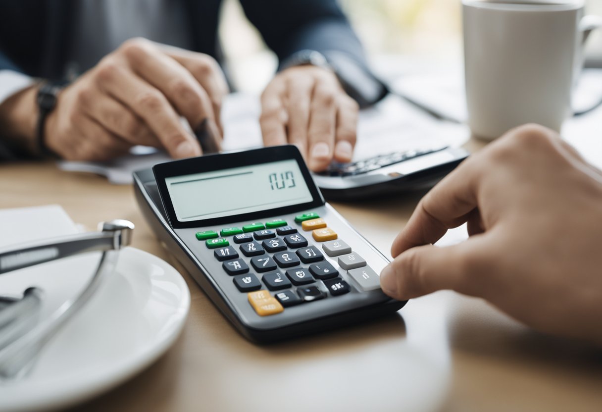 Uma pessoa usando um smartphone para solicitar um empréstimo, com extratos de contas e uma calculadora na mesa.