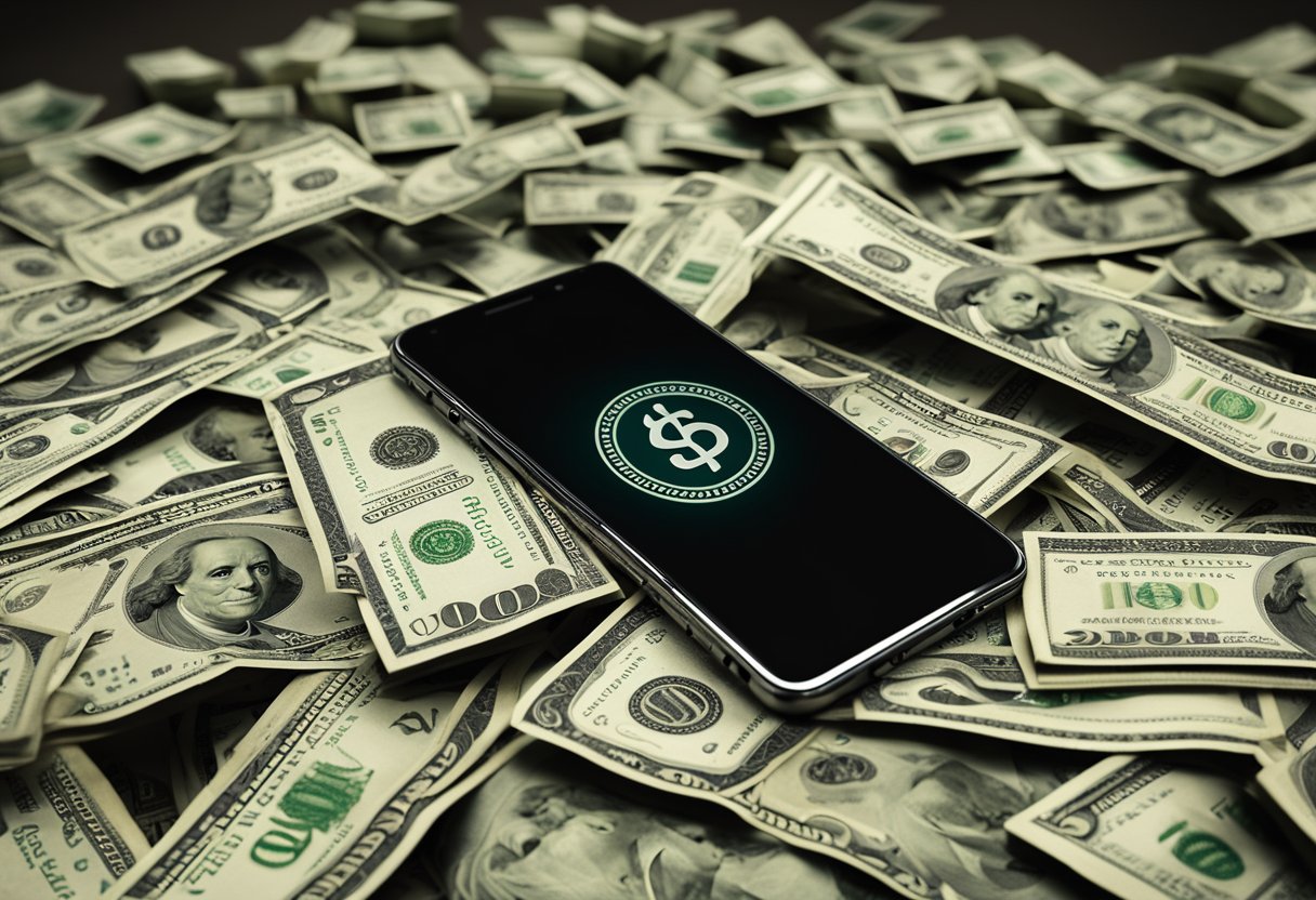 Um smartphone com um símbolo de dinheiro na tela, cercado por pegadas e notas de dólar