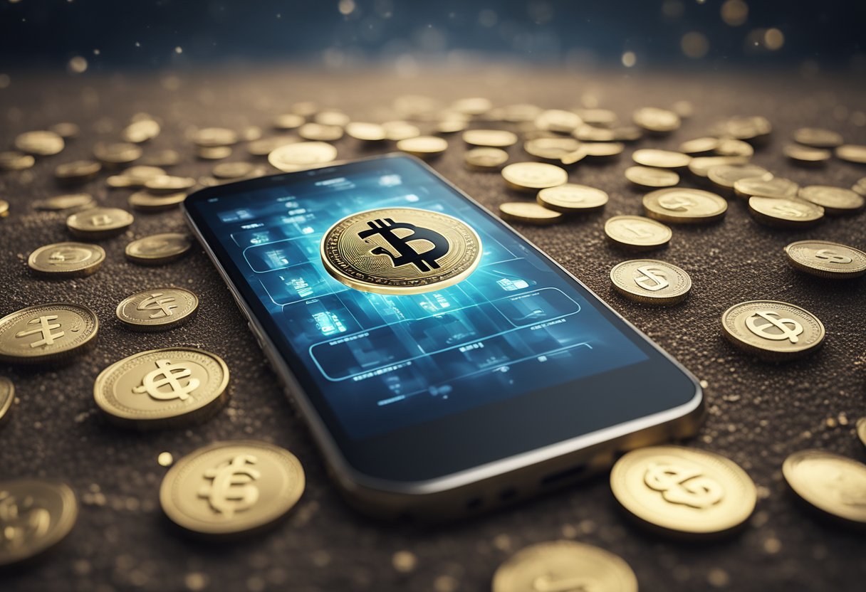 Um smartphone com um símbolo de dinheiro na tela, cercado por pegadas e um caminho se estendendo à distância