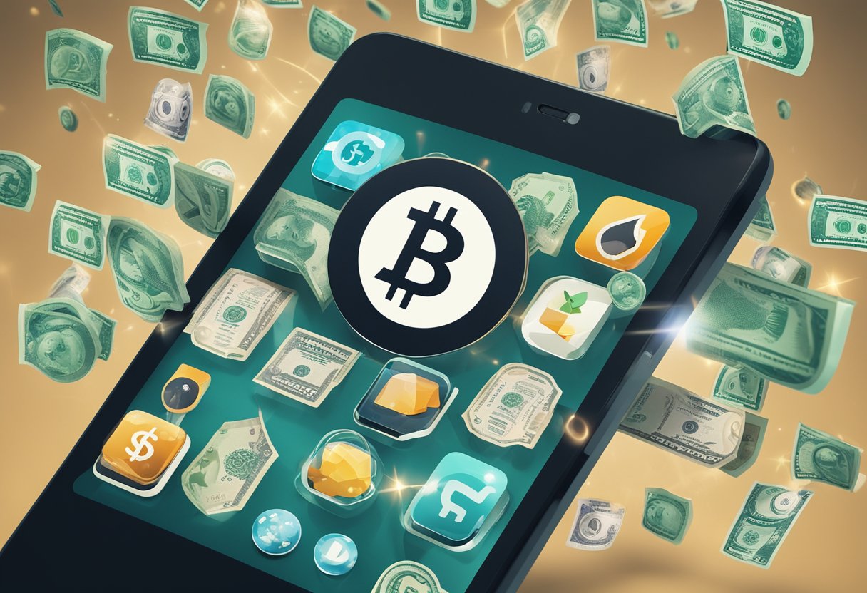 Um smartphone com um símbolo de dinheiro saindo dele, cercado por vários ícones representando diferentes aplicativos de ganhar dinheiro.