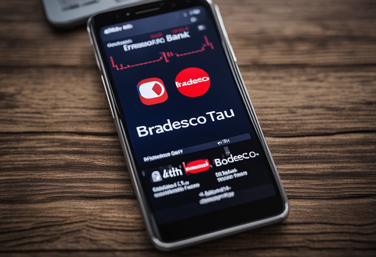 Os logotipos dos bancos Bradesco e Itaú são exibidos na tela de um smartphone, com uma mensagem de "erro de conexão" abaixo. O fundo mostra um calendário configurado para segunda-feira, dia 7.