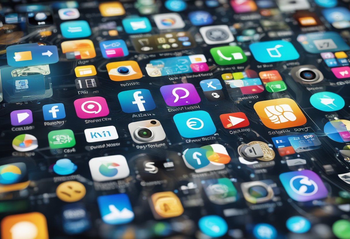 Uma variedade colorida de dispositivos digitais, incluindo smartphones e tablets, exibindo vários aplicativos para ganhar dinheiro e plataformas seguras.