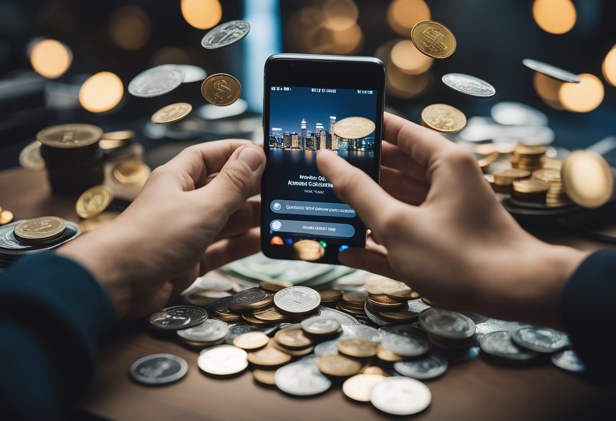 Um adolescente usando um smartphone com vários aplicativos de ganhar dinheiro exibidos na tela, cercado por moedas e notas de dólar.