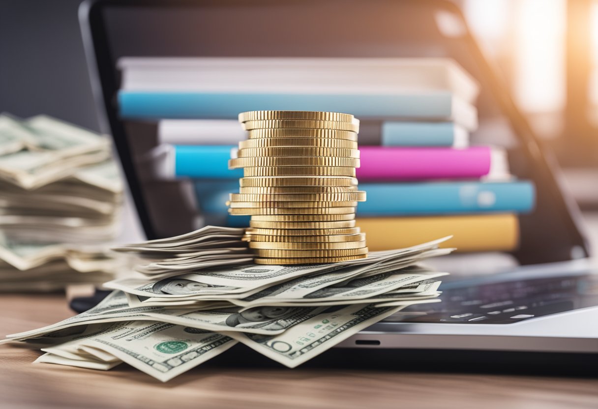 Uma pilha de documentos legais cercada por vários ícones de aplicativos que geram dinheiro