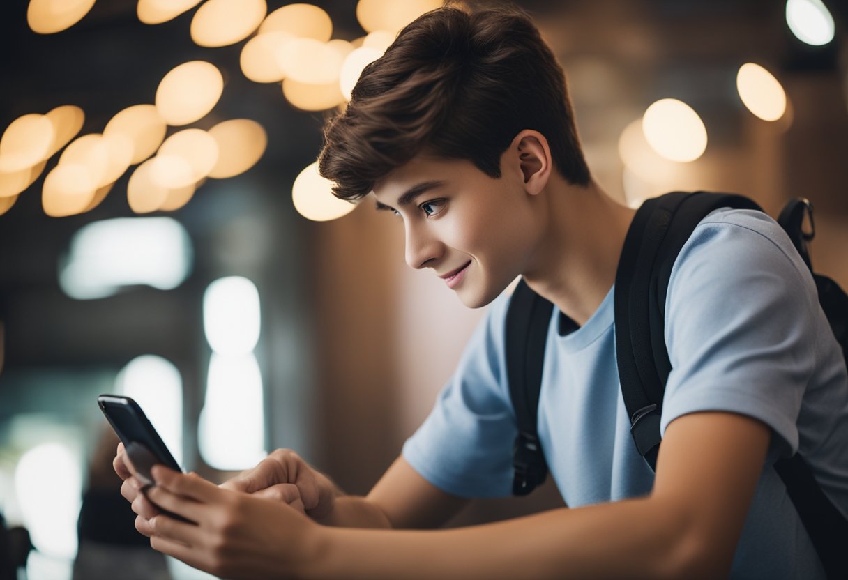 Um adolescente usando um smartphone para completar tarefas, pesquisas e jogos, ganhando dinheiro com aplicativos populares de geração de renda para menores.