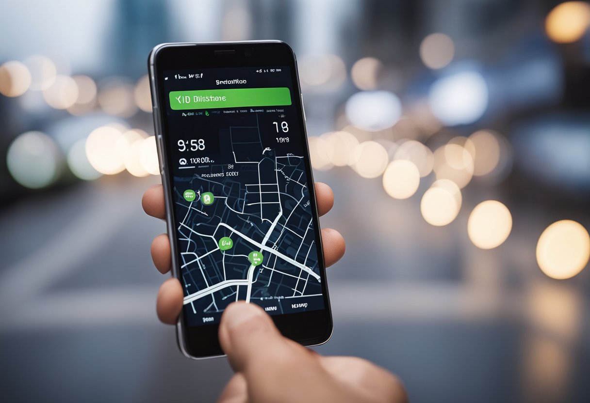 Um smartphone com um aplicativo de corrida exibindo um mapa com uma rota destacada e a distância total percorrida