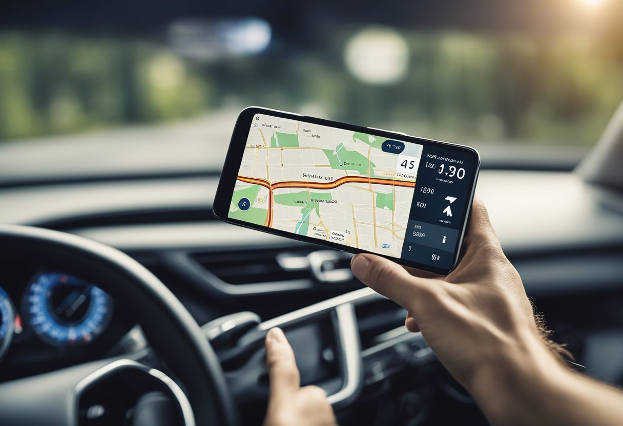 Um smartphone exibindo um mapa com uma rota destacada, ao lado de um painel de carro mostrando a leitura do odômetro