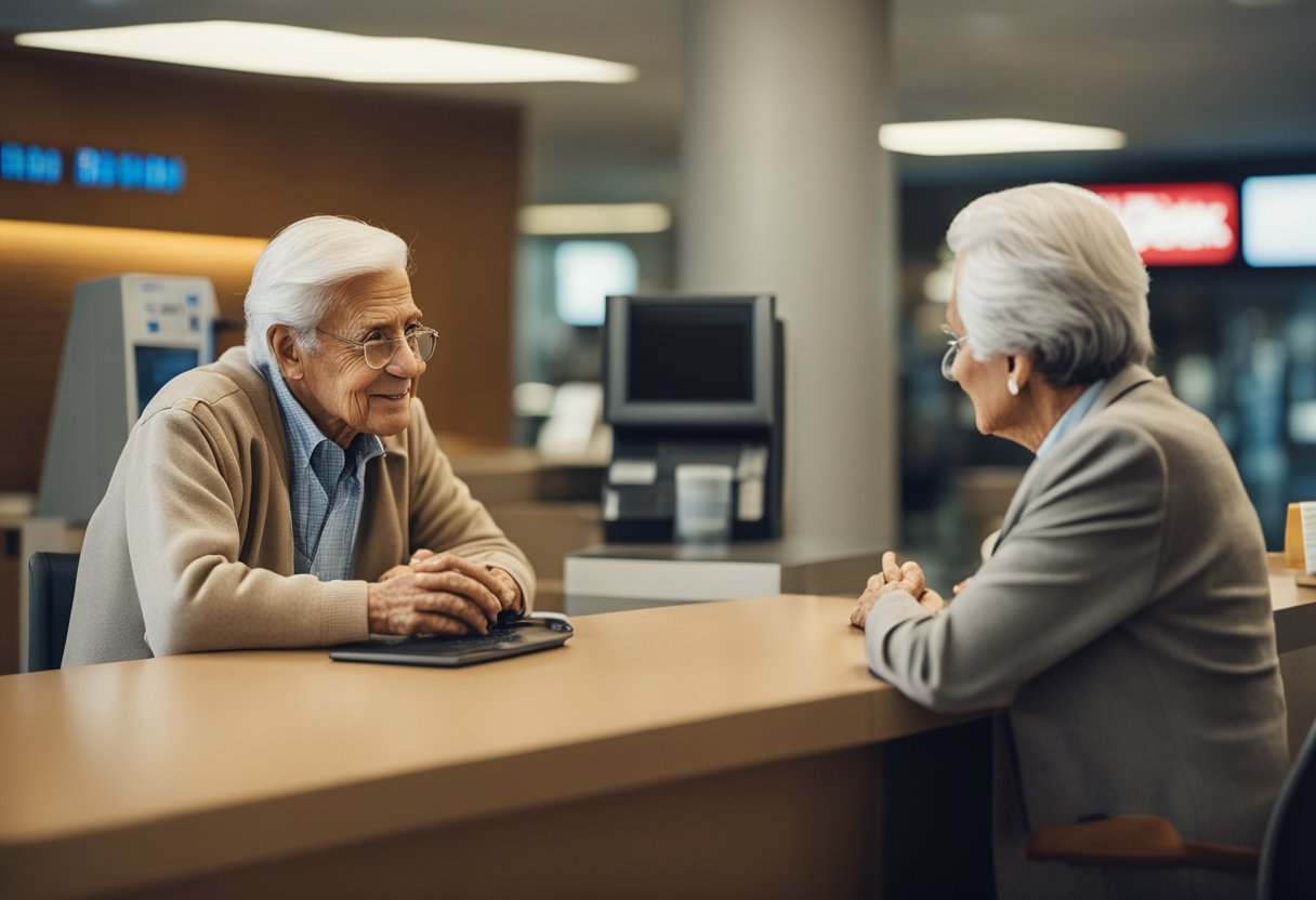 Uma pessoa aposentada em um balcão de banco, discutindo um empréstimo com um atendente da Caixa Tem